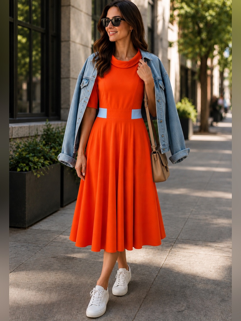 FKSP Bright Orange Midi Fit-and-Flare Dress with Light Blue Waist Accents